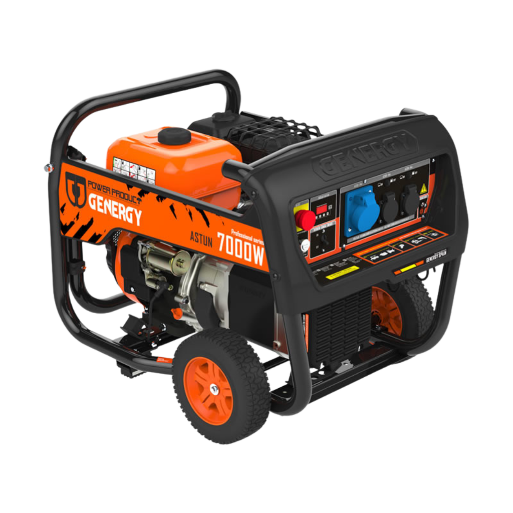 Generador Eléctrico a Gasolina Genergy Astún 7000W portátil, ideal para suministro eléctrico de emergencia o apagones en el hogar , uso profesional en obras y alimentación de herramientas de alta potencia.