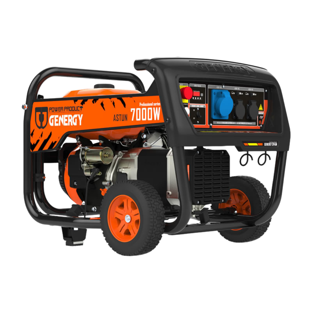 Generador Eléctrico a Gasolina Genergy Astún 7000W portátil, ideal para suministro eléctrico de emergencia o apagones en el hogar , uso profesional en obras y alimentación de herramientas de alta potencia.