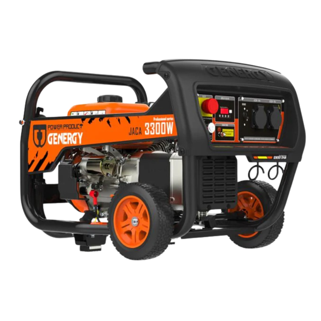 Generador Eléctrico a Gasolina Genergy Jaca 3300W portátil con arranque eléctrico y manual, ideal para el suministro eléctrico seguro de electrodomésticos en el hogar en caso de emergencia o apagones, herramientas en pequeños talleres o caravanas, y dotado de regulación inteligente SVR para un óptimo rendimiento.