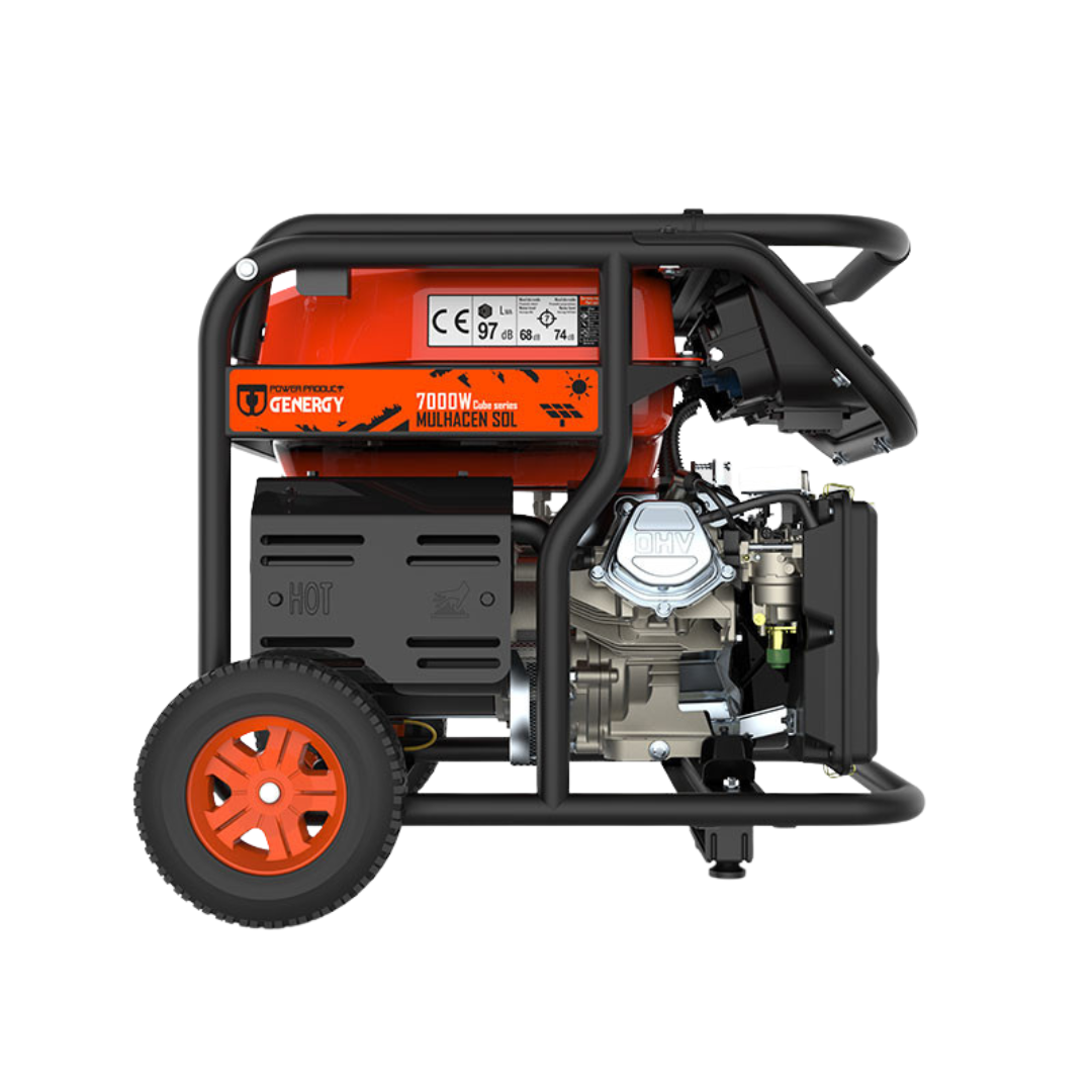 Generador Eléctrico a Gasolina Genergy Mulhacén Sol 7000W portátil, diseñado especialmente para apoyo en instalaciones solares fotovoltaicas y suministro automático de emergencia y apagones en hogares y fincas. Apoyo solar.