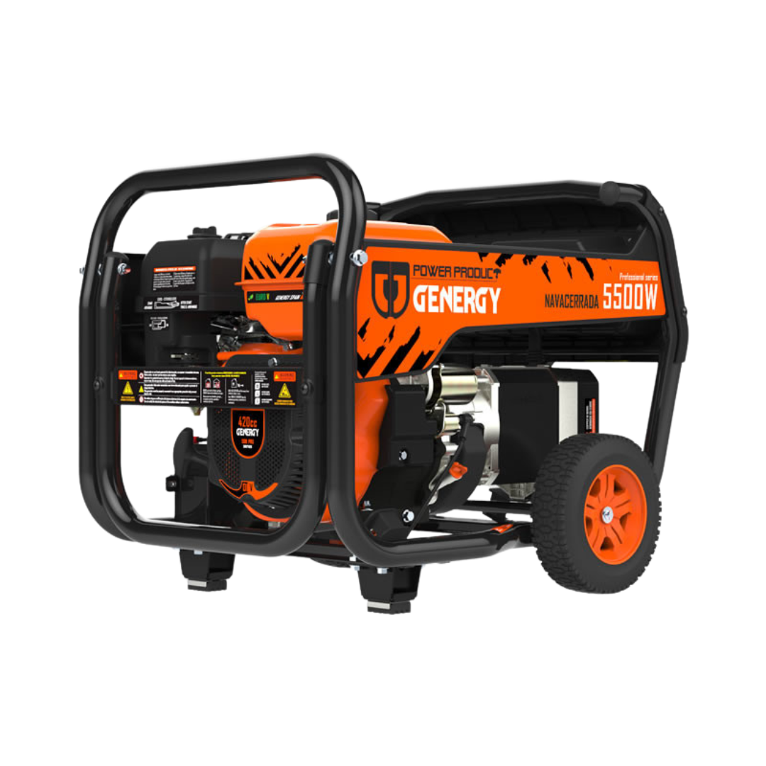 Generador eléctrico de gasolina GENERGY NAVACERRADA 5500W con ruedas, ideal para suministro eléctrico de emergencia o apagones en el hogar, uso profesional en obras y herramientas de alta demanda.