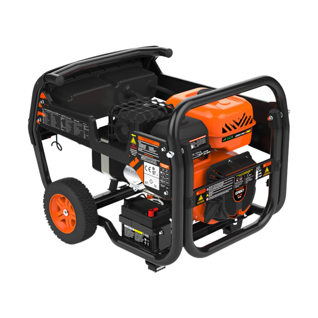 Generador eléctrico de gasolina GENERGY NAVACERRADA 5500W con ruedas, ideal para suministro eléctrico de emergencia o apagones en el hogar, uso profesional en obras y herramientas de alta demanda.