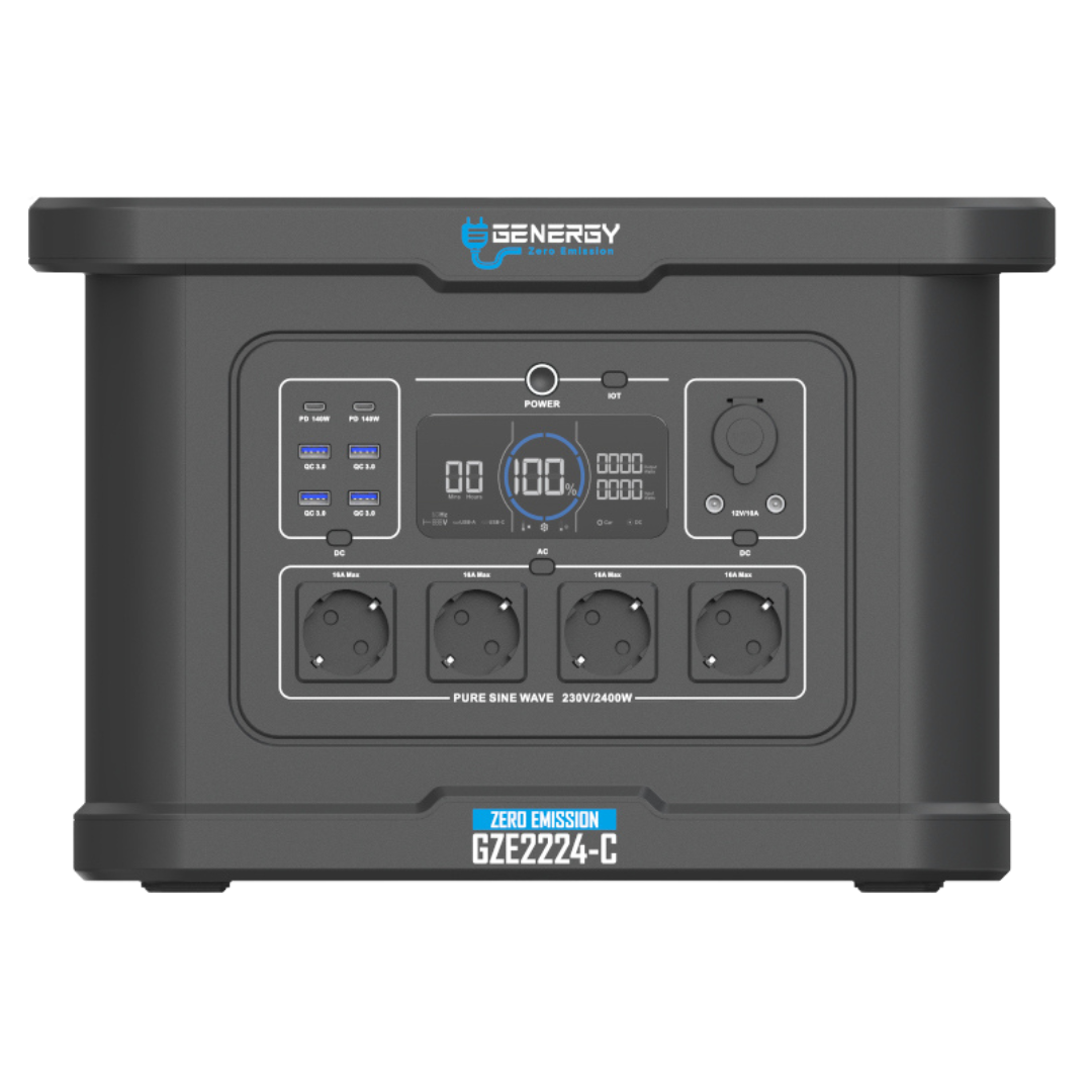 Generador Solar Portátil Genergy GZE 2224 C de 2400W, silencioso para total cobertura ante apagones o emergencias en el hogar, camping y eventos al aire libre.