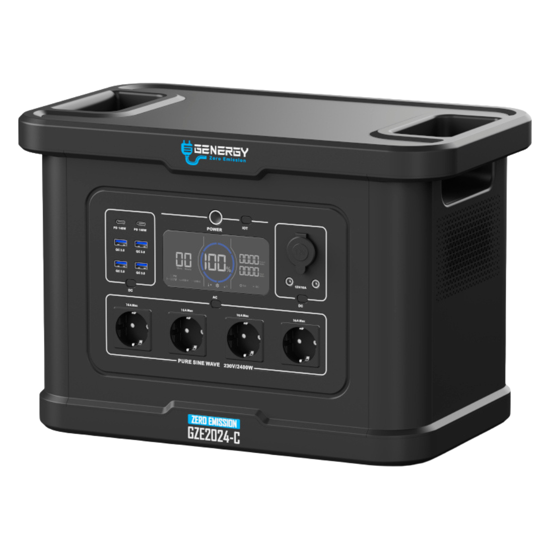 Generador Solar Portátil Genergy GZE 2224 C de 2400W, silencioso para total cobertura ante apagones o emergencias en el hogar, camping y eventos al aire libre.