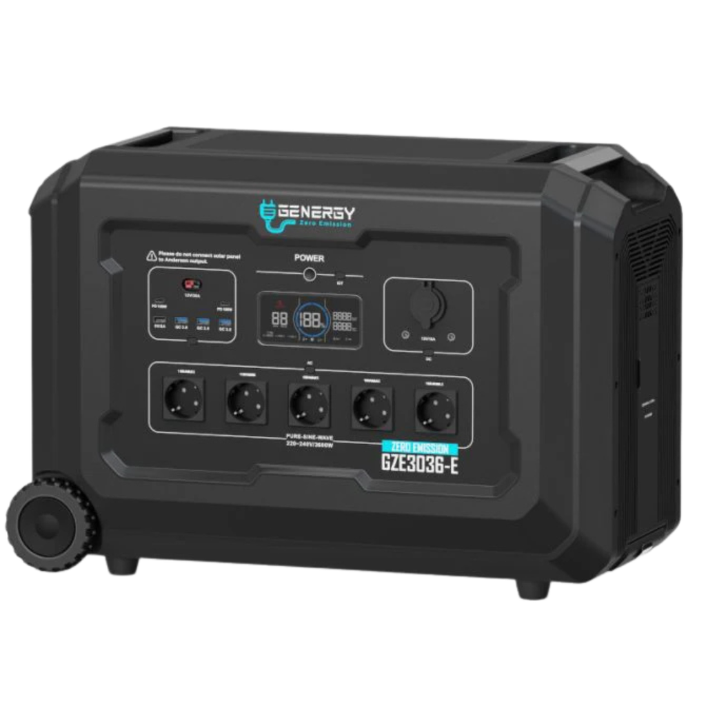 Generador Solar Portatil Genergy GZE 3036-E de 3600W para respaldo de aparatos médicos críticos y total cobertura de emergencia ante apagones en el hogar y suministro eléctrico en camping o exteriores.  