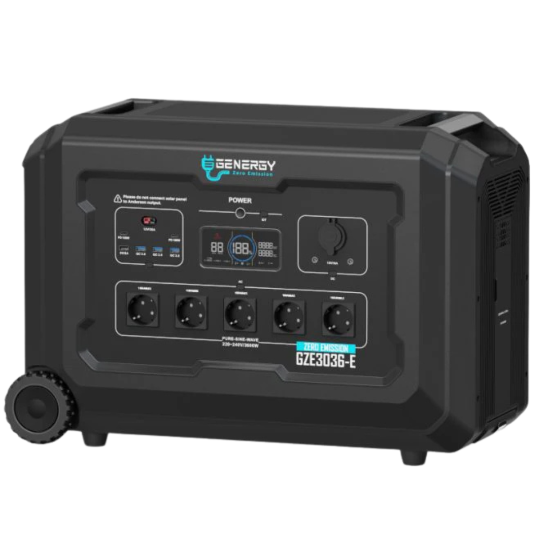 Generador Solar Portatil Genergy GZE 3036-E de 3600W para respaldo de aparatos médicos críticos y total cobertura de emergencia ante apagones en el hogar y suministro eléctrico en camping o exteriores.  