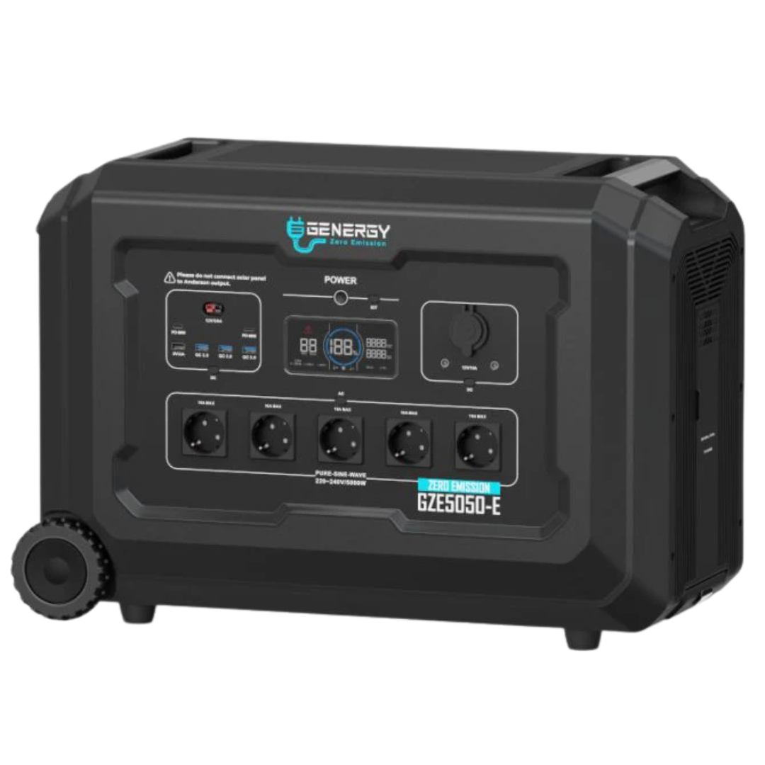 Generador Solar Portatil Genergy GZE 5050-E de 5000W para respaldo de aparatos médicos críticos y total cobertura de emergencia ante apagones en el hogar y suministro eléctrico en camping o exteriores.  