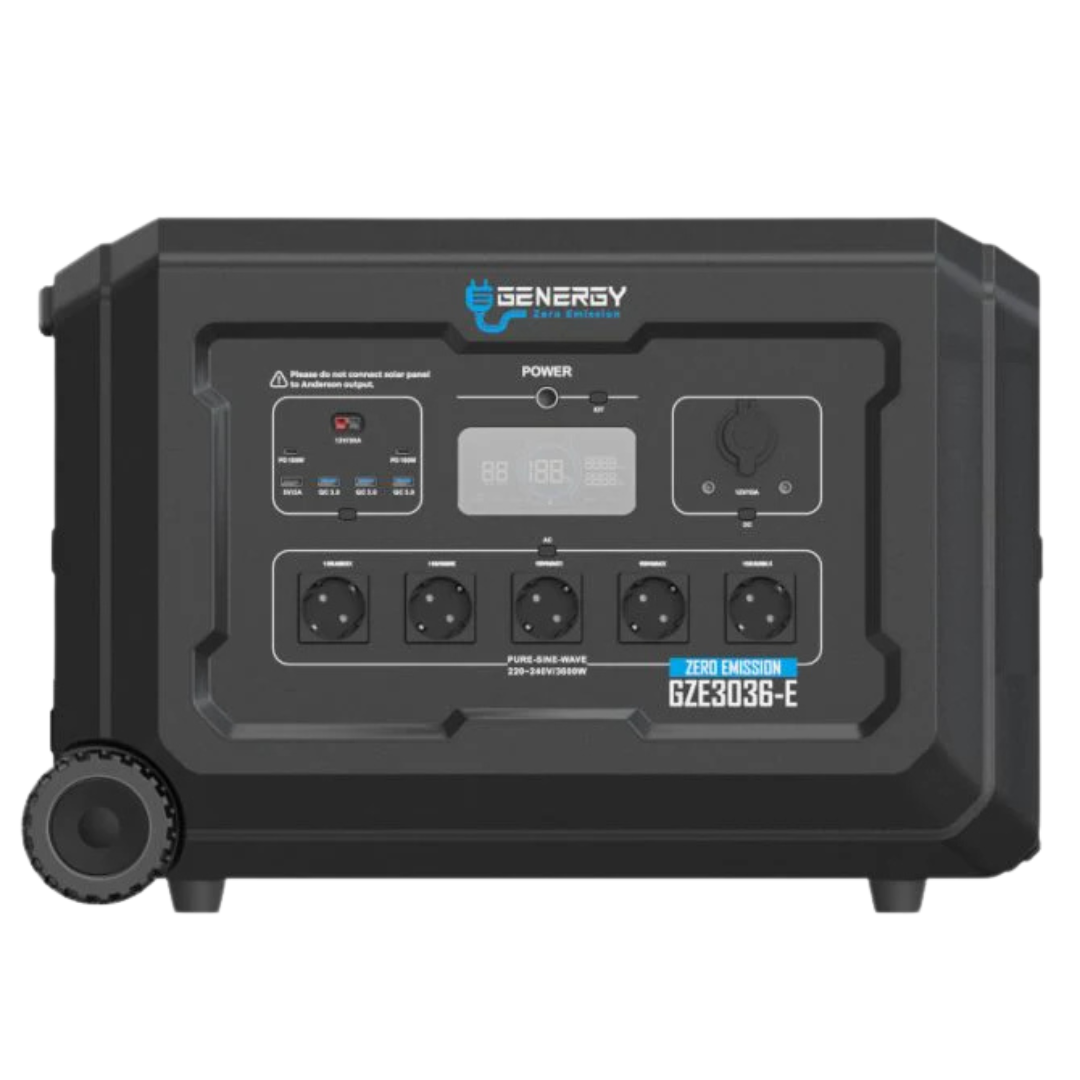 Generador Solar Portatil Genergy GZE 3036-E de 3600W para respaldo de aparatos médicos críticos y total cobertura de emergencia ante apagones en el hogar y suministro eléctrico en camping o exteriores.  
