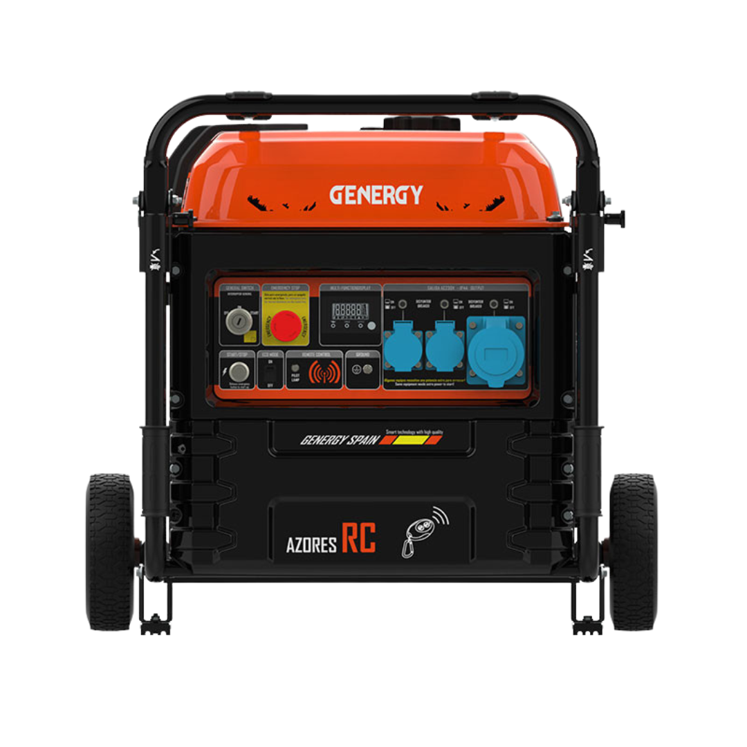 Vista Lateral:
Generador inverter portatil Genergy Azores RC 10000W, tomas de corriente y pantalla digital.