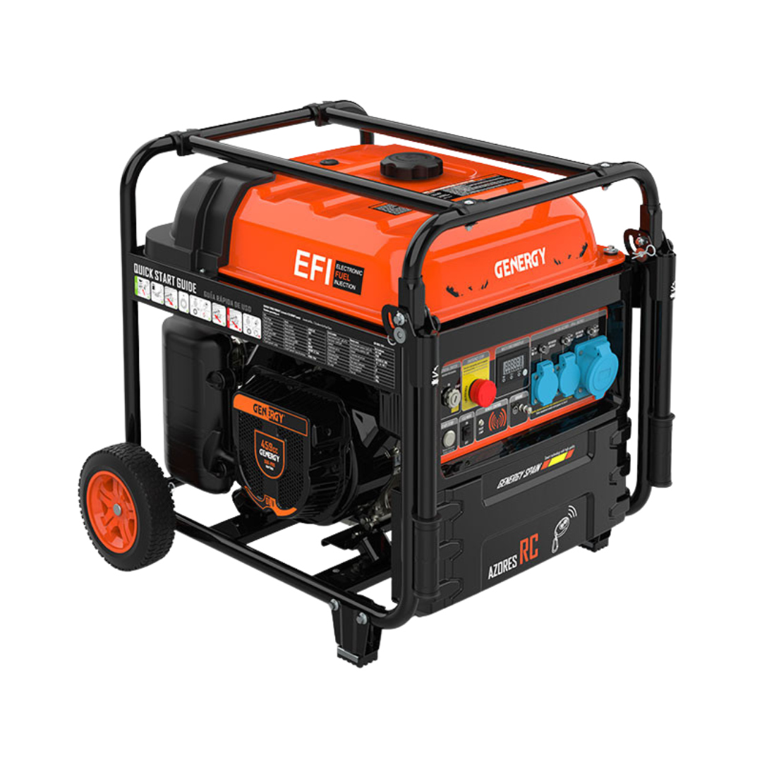 Vista Frontal:
Generador inverter Genergy Azores RC 10000W con arranque por control remoto, ideal para uso profesional en obras, maquinaria e industrias.