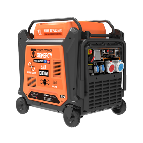 Vista Frontal y Lateral
Generador inverter de alta potencia Genergy Bali 13000W, excelente para
respaldo de viviendas completas, comercio y emergencias. Detalle del Panel: Panel digital avanzado del generador Genergy Bali 13000W con conectores ATS para fallos de red y automatización.
