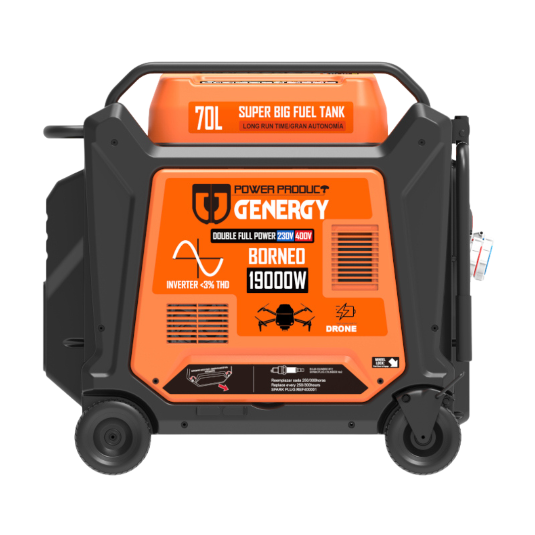 Vista Trasera:
Carcasa y rejillas del  Generador inverter Genergy Borneo 19000W,
diseñado para un rendimiento profesional exigente.