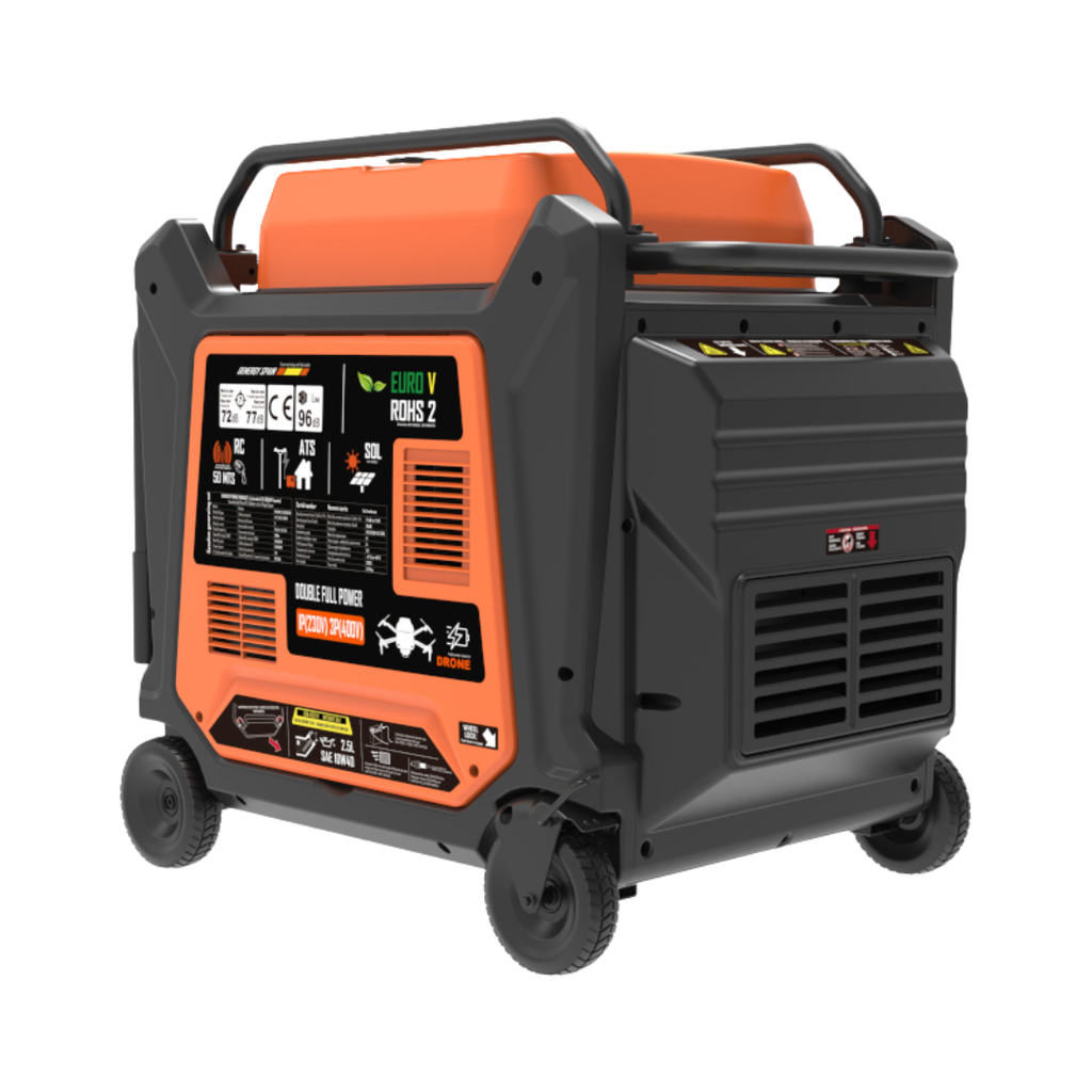 Vista Lateral:
Generador de gran capacidad Genergy Borneo 19000W con ruedas de transporte, excelente para movilidad en sectores profesionales. Rejillas de Ventilación, tubo de escape protegido.