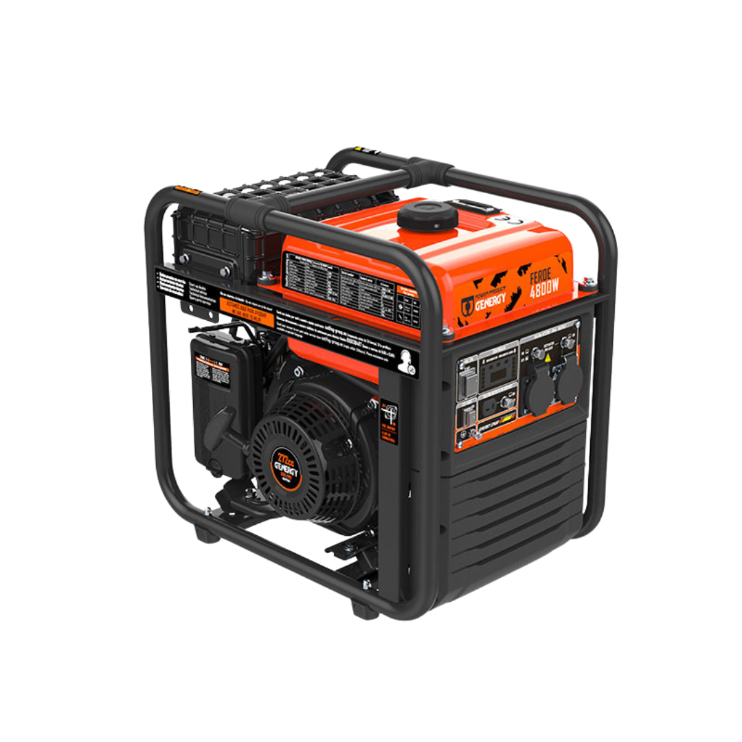 Vista Frontal:
Generador inverter compacto Genergy Feroe 4800W con arranque eléctrico, ideal para herramientas en obras y reformas