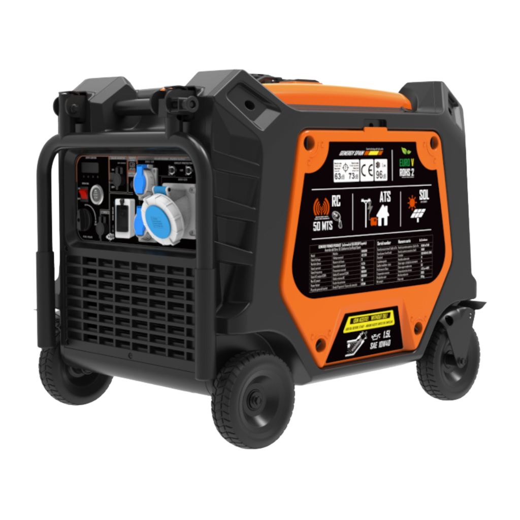 Vista Lateral:
Generador portátil potente Genergy Java 10500 W con kit de ruedas integrado, idóneo para movilidad exigente en grandes obras y exteriores.
