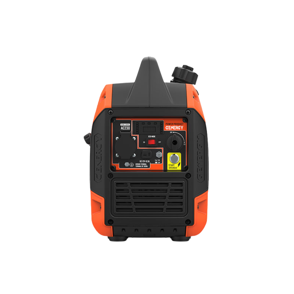 Vista Lateral:
Estructura ultraligera del generador inverter Genergy Lanzarote RC 2000W, tomas de corriente y pantalla digital. ideal para fácil transporte en actividades y exteriores