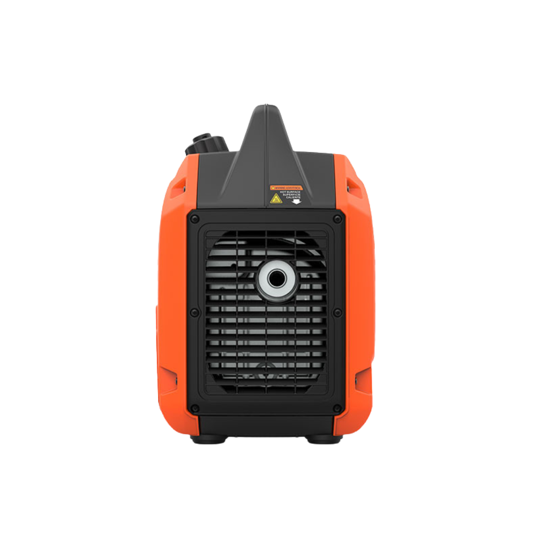Vista Lateral:
Estructura ultraligera del generador inverter Genergy Lanzarote RC 2000W,  rejilla de ventilación  y salida de gases. Asa ideal para fácil transporte en actividades y exteriores
