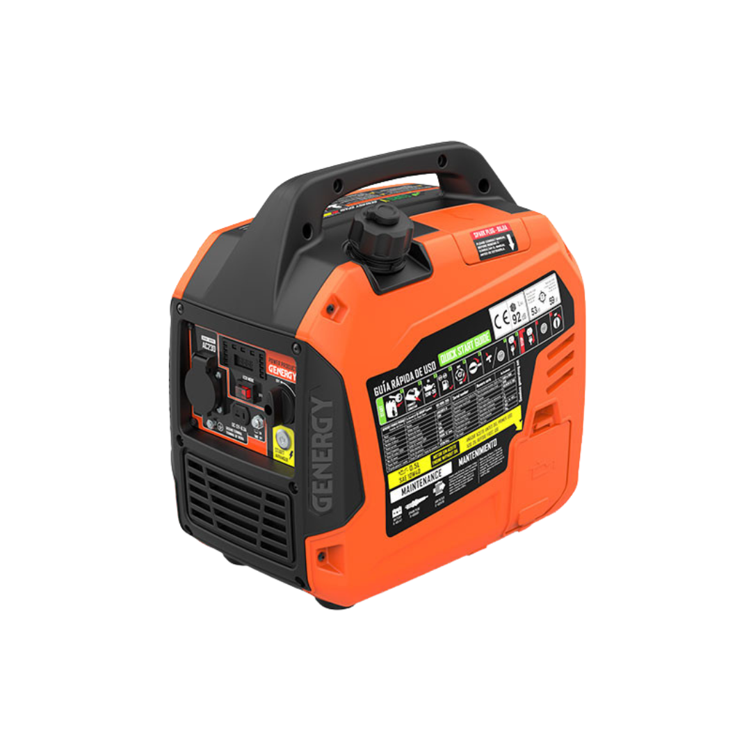 Vista Trasera:
Diseño compacto y escape protegido del generador portátil Genergy Lanzarote RC 2000W para un uso doméstico seguro en cortes de luz.