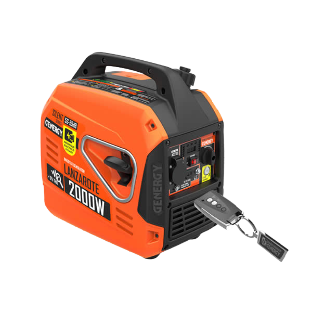Vista Frontal:
Generador inverter silencioso Genergy Lanzarote RC 2000W con mando a distancia, perfecto para camping, caravanas y ocio al aire libre.