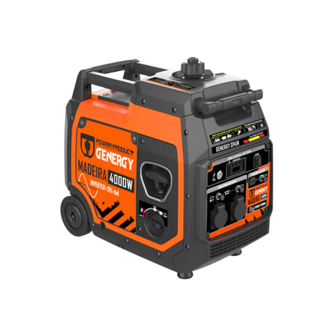 Vista Frontal:
Generador inverter compacto Genergy Madeira 4000W con arranque electrico, excelente para alimentación de herramientas y reformas en obras