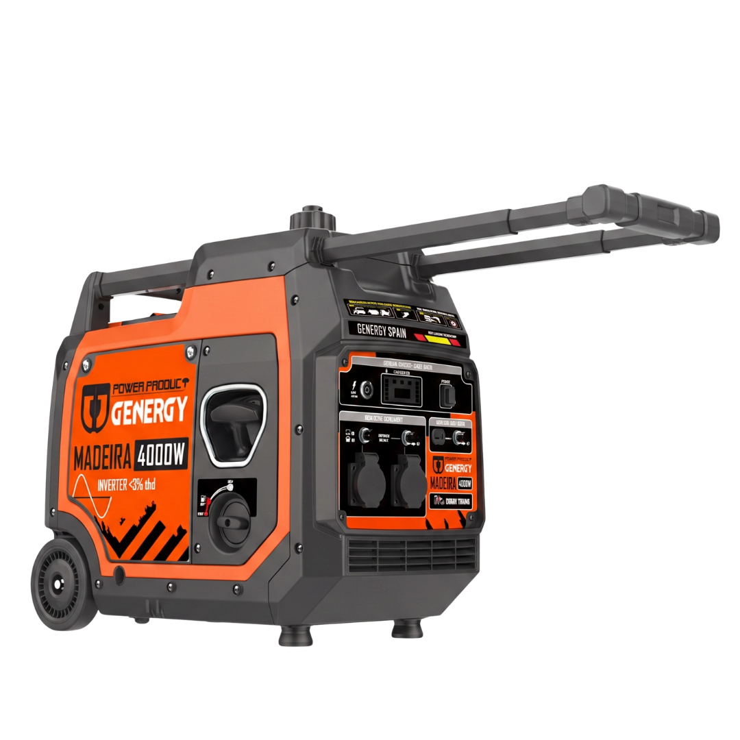 Vista Frontal:
Generador inverter compacto Genergy Madeira 4000W con arranque eléctrico,
detalle de asa extraíble para transporte