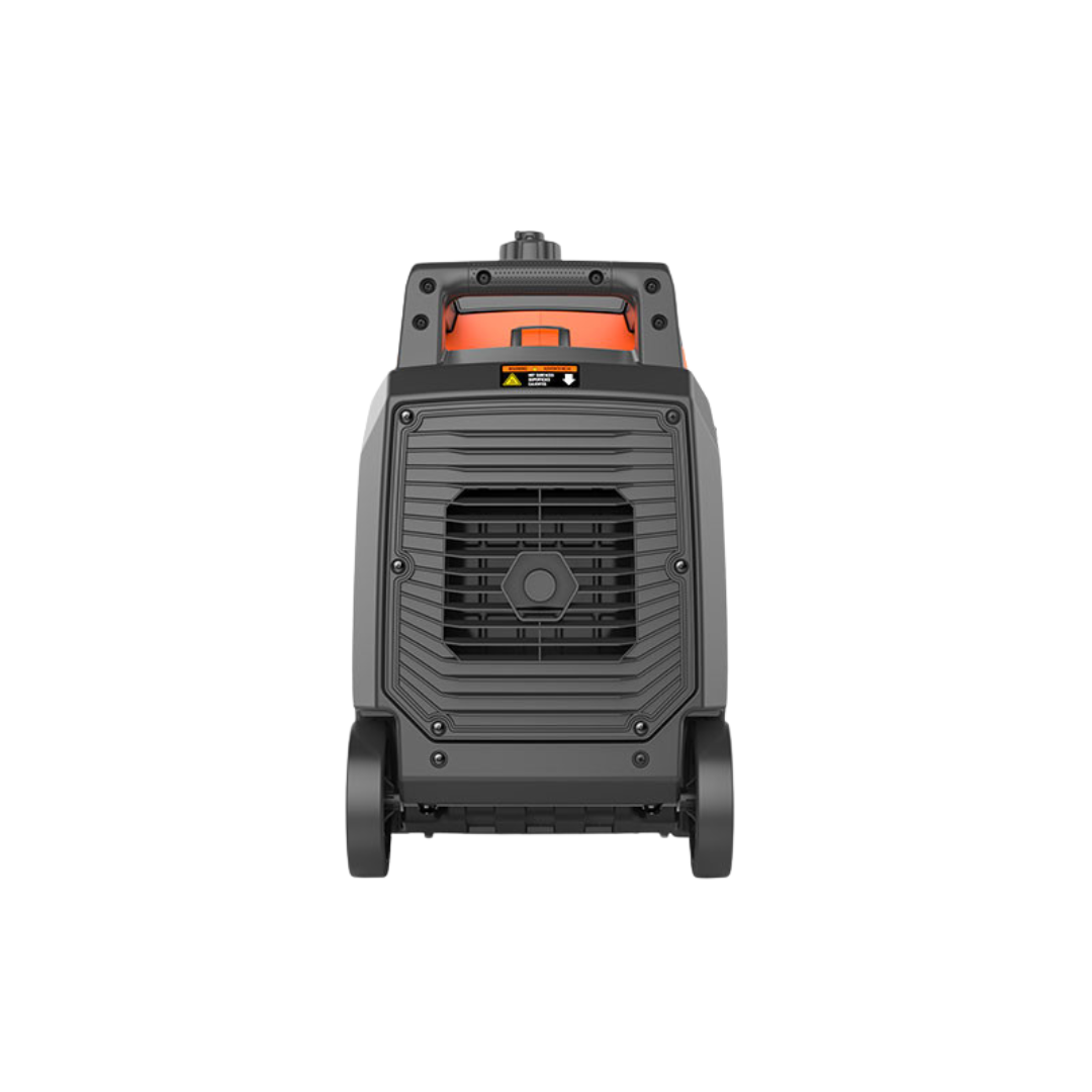 Vista Lateral:
Generador inverter ligero Genergy Madeira 4000W con ruedas de transporte, y rejilla de ventilación. Perfecto para movilidad en exteriores y fincas rurales