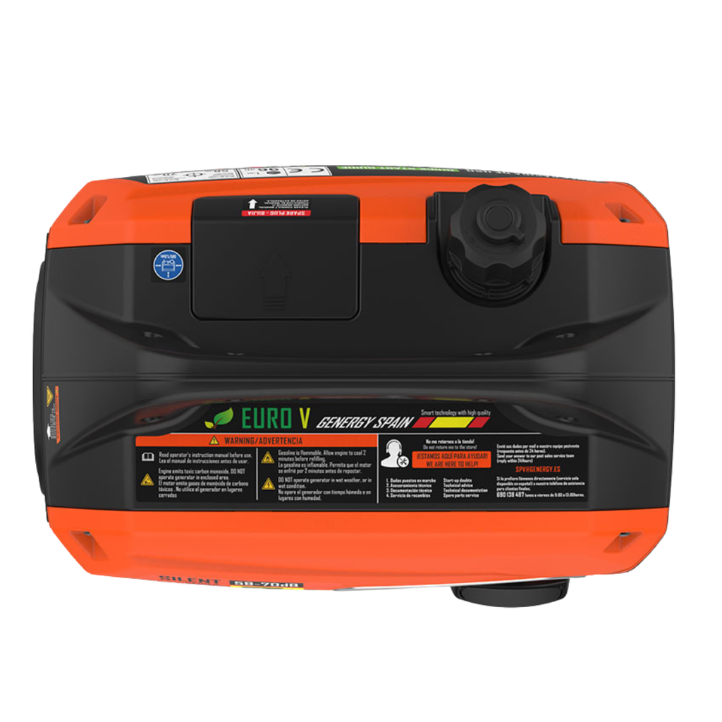 Vista Superior:
Tapa de combustible y asa del generador inverter silencioso Genergy Menorca 2900W RC para suministro de dispositivos sensibles.