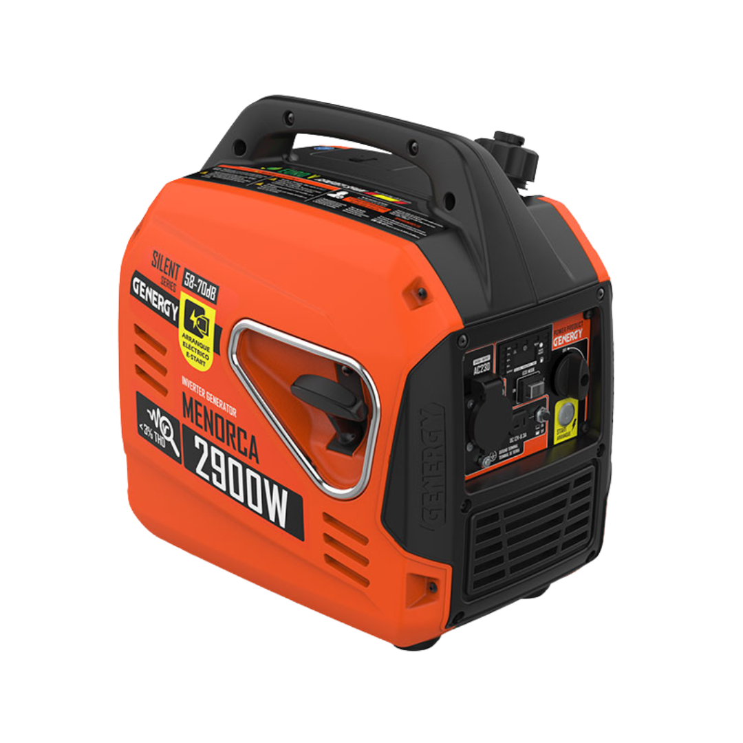 Vista Frontal:
Generador inverter silencioso Genergy Menorca 2900W con control remoto, idóneo para caravanas, náutica y emergencias domésticas