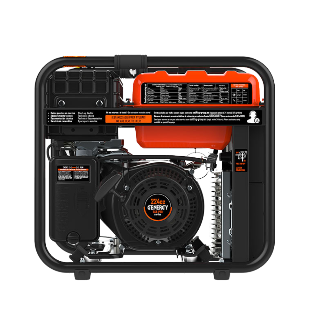 Vista Trasera:
Chasis tubular resistente del generador inverter Genergy Rodas 3800W, diseñado para alta fiabilidad en talleres y fincas rurales.