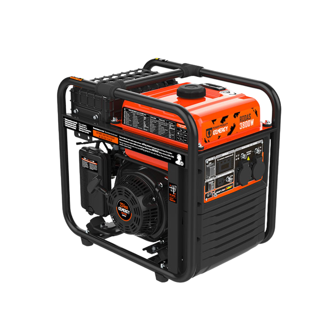 Vista Frontal:
Generador inverter compacto Genergy Rodas 3800W, ideal para uso profesional en obras, reformas y alimentación de herramientas eléctricas