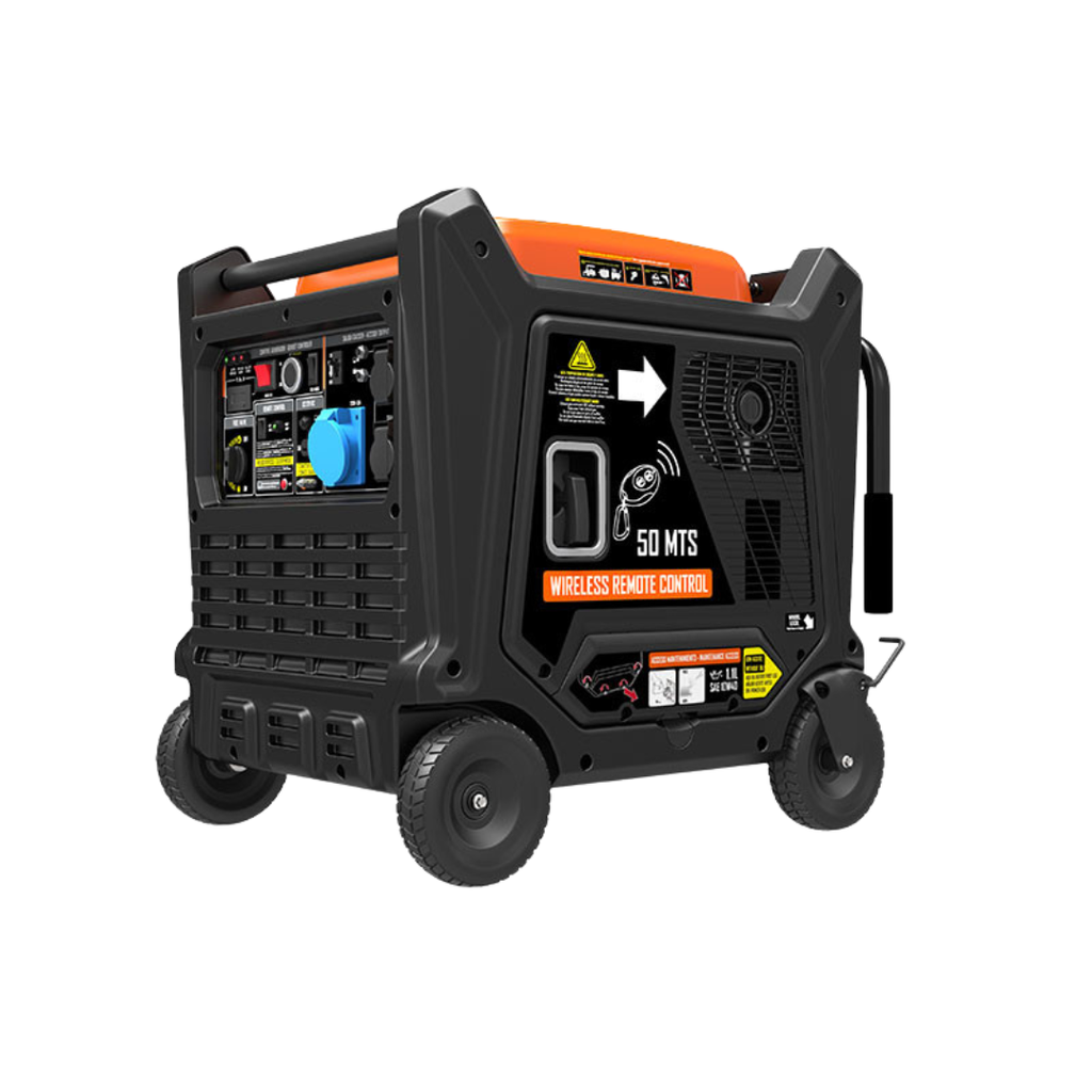 Vista Lateral Y Trasera.
Generador potente Genergy Tenerife 7500 W con kit de ruedas y asa, ideal para transporte cómodo en obras de construcción y exteriores y  Panel de conexiones del generador Genergy Tenerife 7500 W con mando a
distancia para encendido a distancia en emergencias o apagones