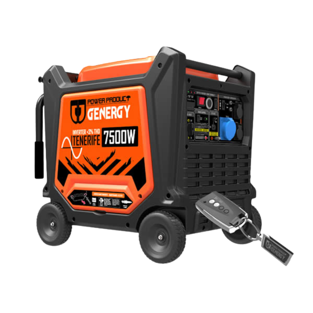 Vista Frontal:
Generador inverter Genergy Tenerife 7500 W con control remoto, excelente para alta demanda eléctrica en eventos y uso profesional.