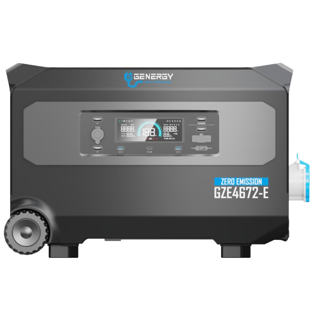Vista frontal 2
Generador Solar Portátil Genergy 
GZE 4672-E 6000W con pantalla digital y conexiones 
frontales. Tomas USB, Salida de Mechero/12V, Conectores DC adicionales