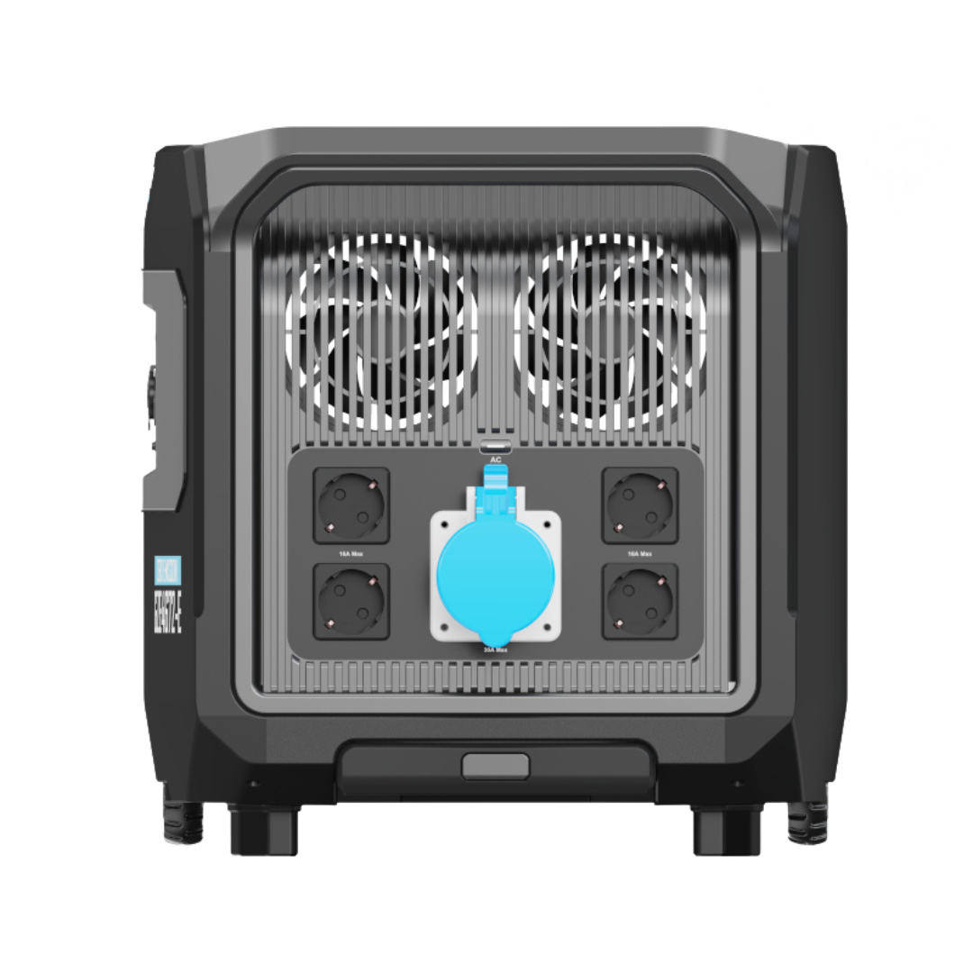 VISTA LATERAL 2 Generador Solar Portátil Genergy  GZE 4672-E. Ventiladores de Refrigeración, Enchufes estándar y Toma Central