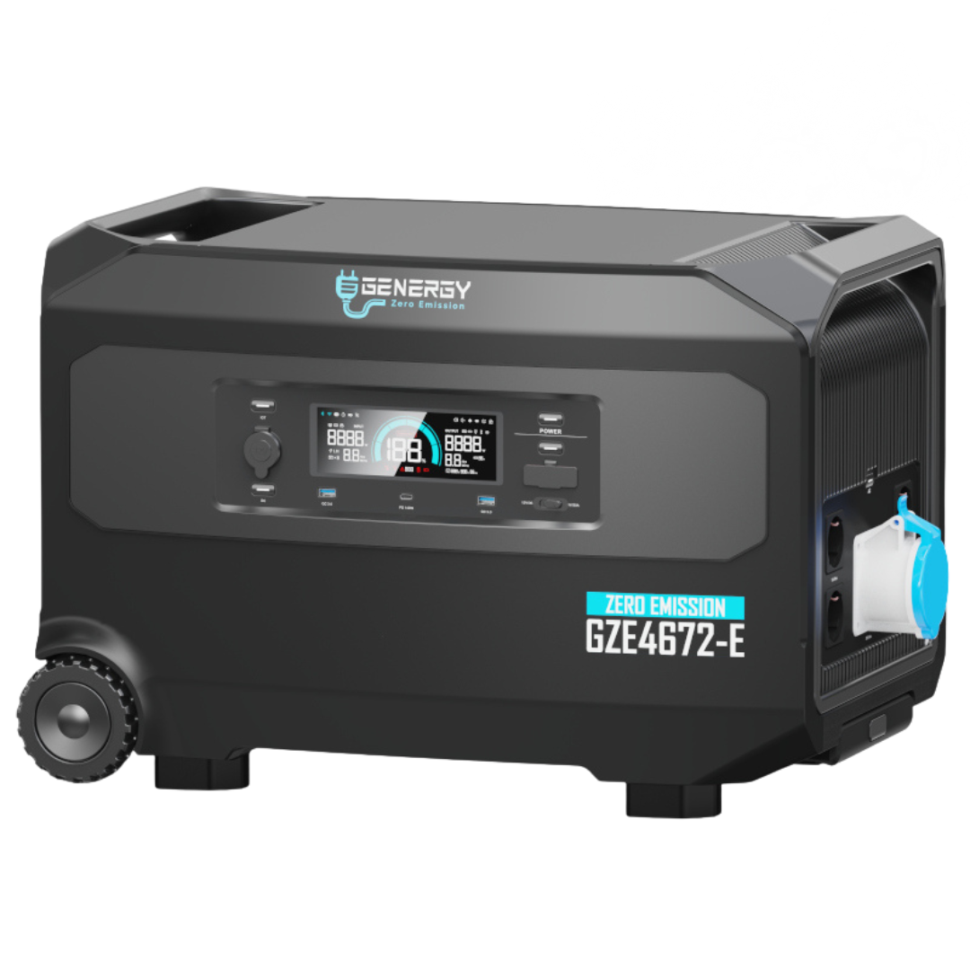 Vista Frontal Generador Solar Portatil Genergy GZE-4672-E. Pantalla digital LCD y conexiones 
frontales.