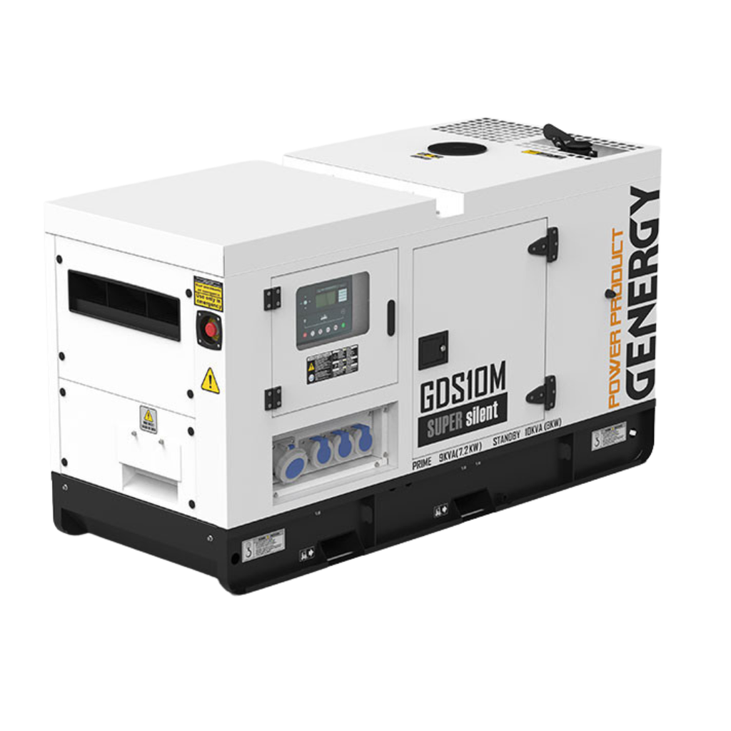 Vista Frontal:
Grupo electrógeno monofásico compacto Genergy GDS10M 10kVA a 230V, perfecto para soporte automático contra cortes de luz en tu empresa o en el hogar