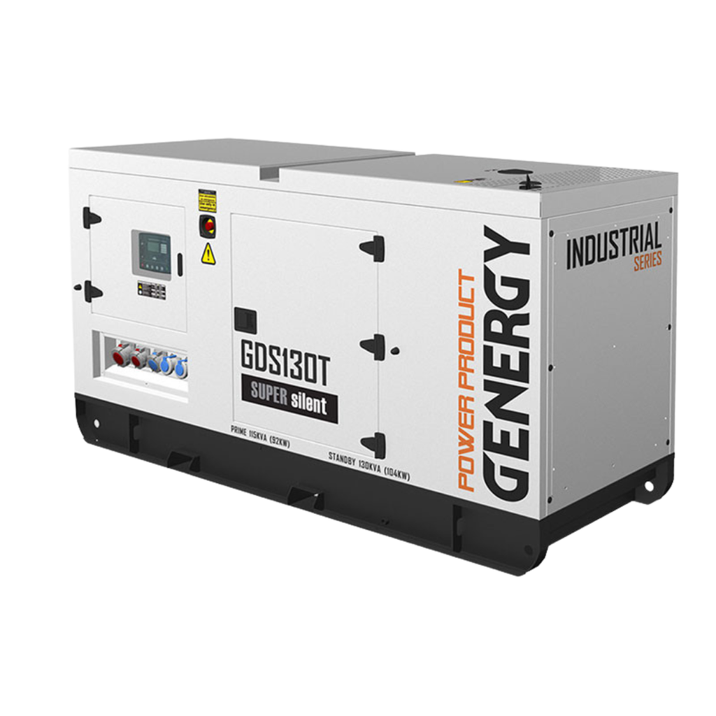 Vista Frontal:
Grupo electrógeno diésel de gran potencia Genergy GDS130T, tomas de corriente y pantalla de control