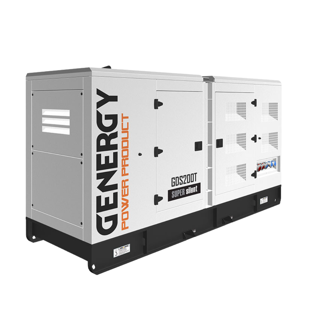Vista Trasera:
Compartimento de escape y ventilación del generador diésel Genergy GDS200T,
carrozado piel de naranja resistente a rayos UV
