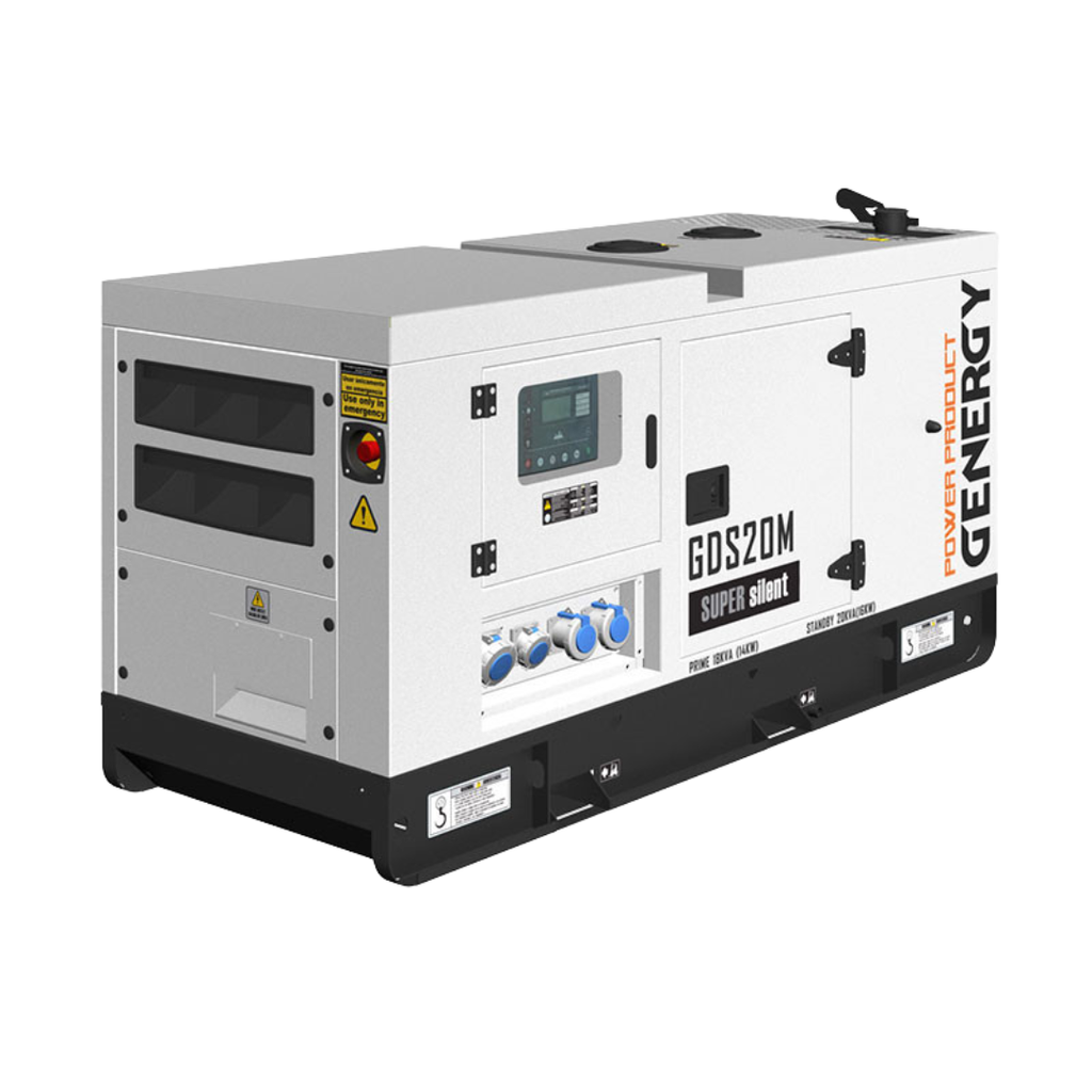 Vista Frontal: Grupo electrógeno diésel Genergy GDS20M de 16 kW con cabina insonorizada blanca y sistema de ventilación lateral, ideal para suministro eléctrico en instalaciones y viviendas.