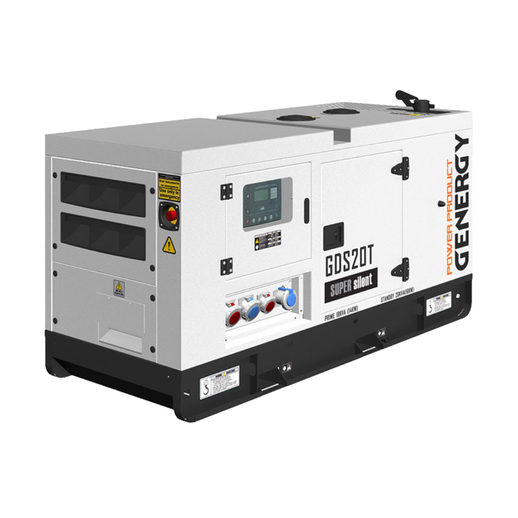 Vista Frontal:
Grupo electrógeno trifásico Genergy GDS20T 20kVA insonorizado, idóneo para telecomunicaciones, pequeñas granjas y comercios.