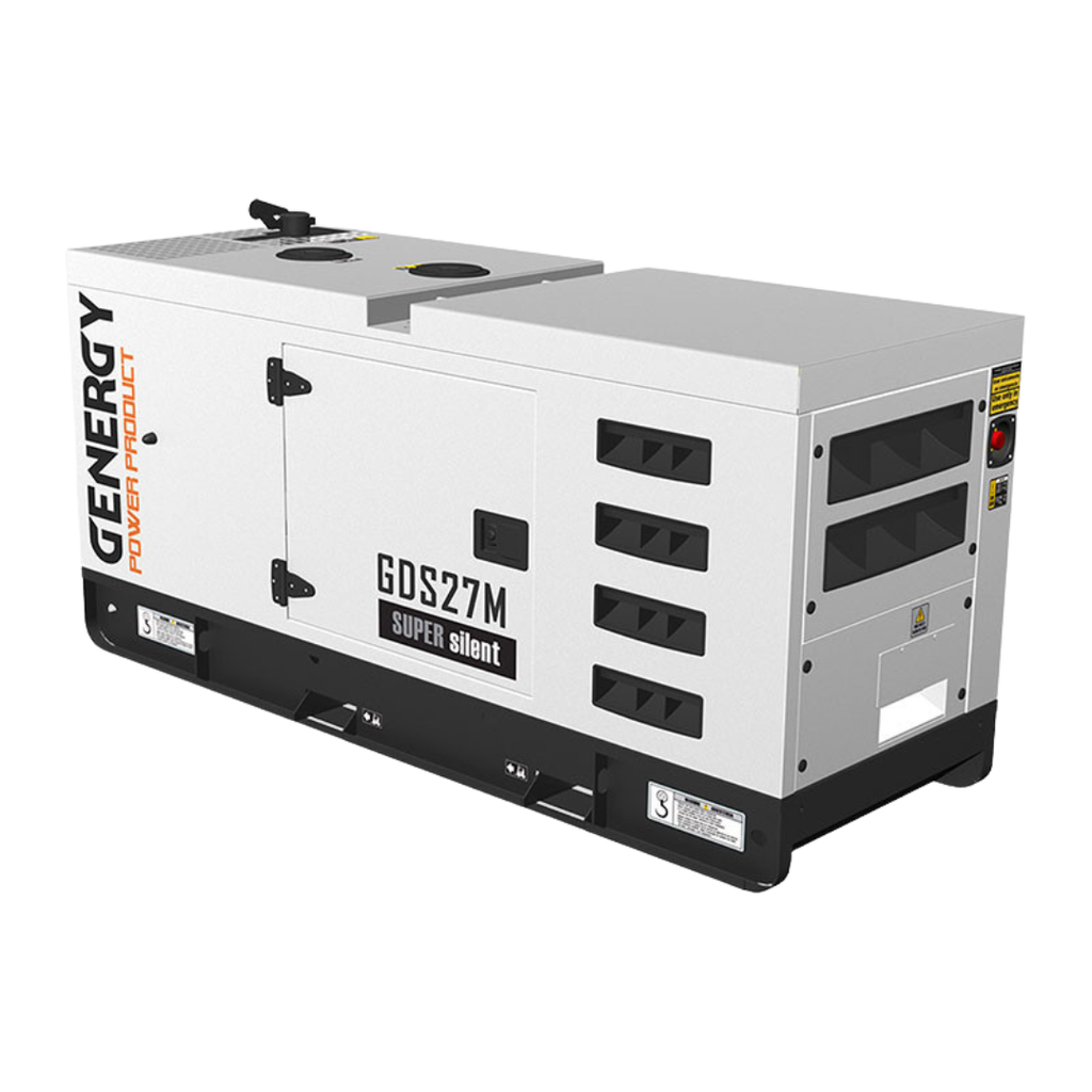 Vista trasera 2: Grupo electrógeno de 1500 RPM Genergy GDS27M, idóneo para soporte de energía continuo ante apagones. Rejillas de Ventilación.