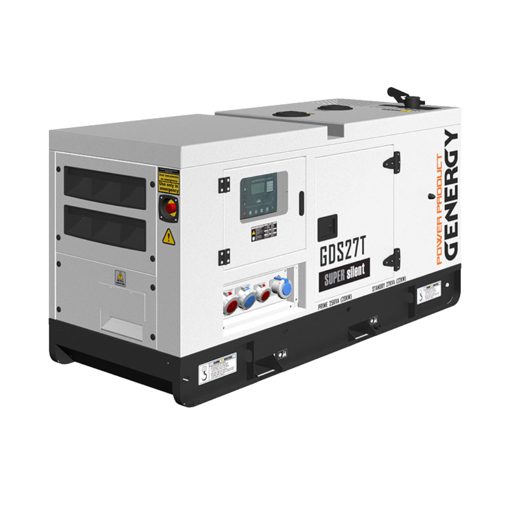 Vista Frontal:
Grupo electrógeno trifásico compacto Genergy GDS27T 27kVA, perfecto para respaldo
eléctrico automático en viviendas grandes y negocios.