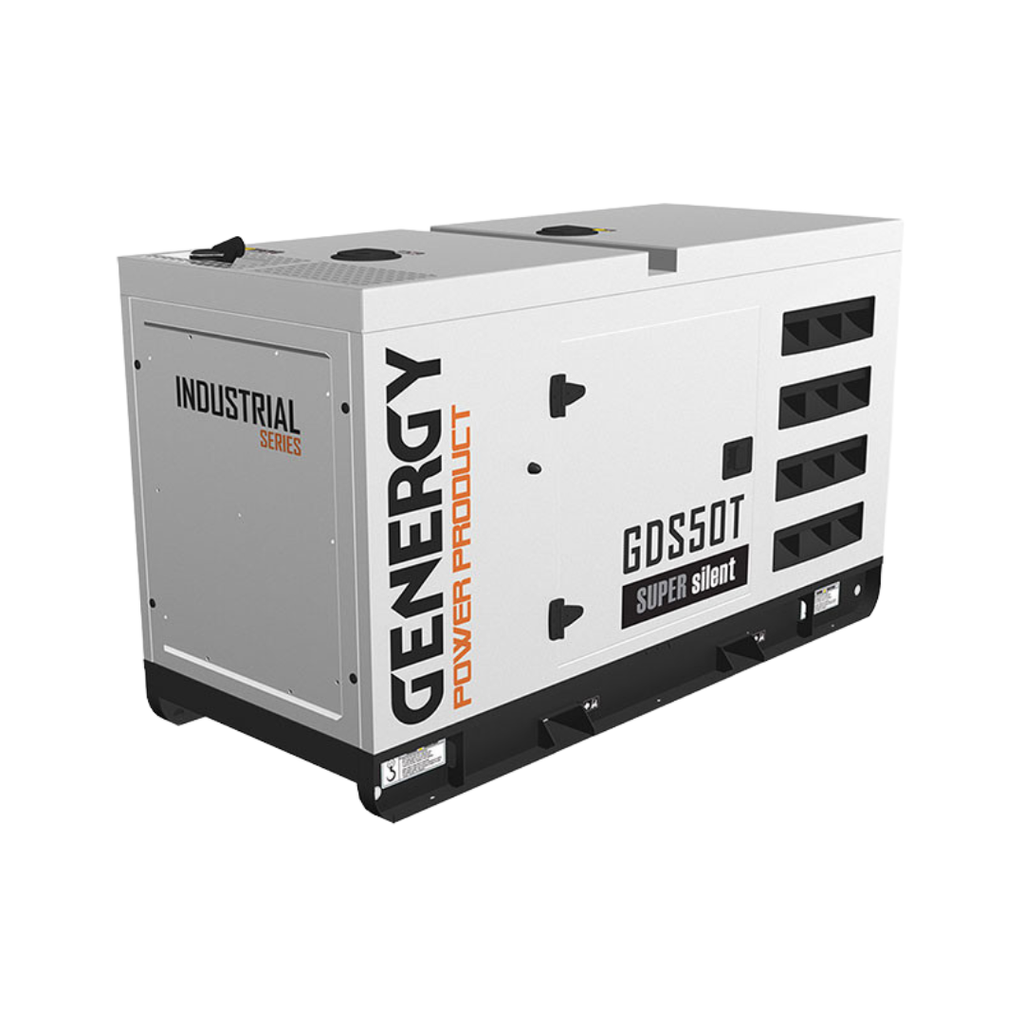 Vista Trasera:
Carrozado super silent con recubrimiento de poliuretano del generador diésel Genergy
GDS50T para alta protección frente al clima. Ventilación trasera y lateral mediante rejillas negras para disipación de calor.
