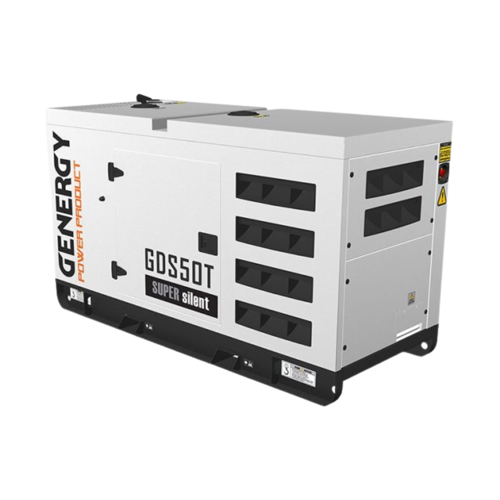 Vista Trasera:
Carrozado super silent con recubrimiento de poliuretano del generador diésel Genergy
GDS50T para alta protección frente al clima. Ventilación trasera y lateral mediante rejillas negras para disipación de calor.