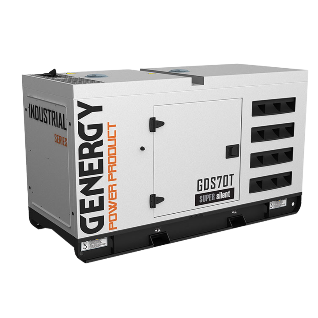 Vista Trasera:
Carrozado super silencioso del generador diésel Genergy GDS70T, diseñado con protección intemperie para alta durabilidad en exteriores.