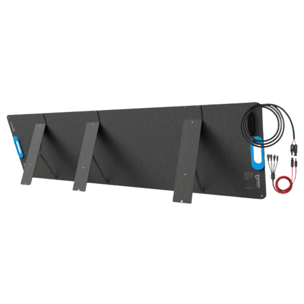 Vista trasera del Panel Solar Genergy SUN200W. Ideal para camping, caravanas, actividades al aire libre, apagones y emergencias.