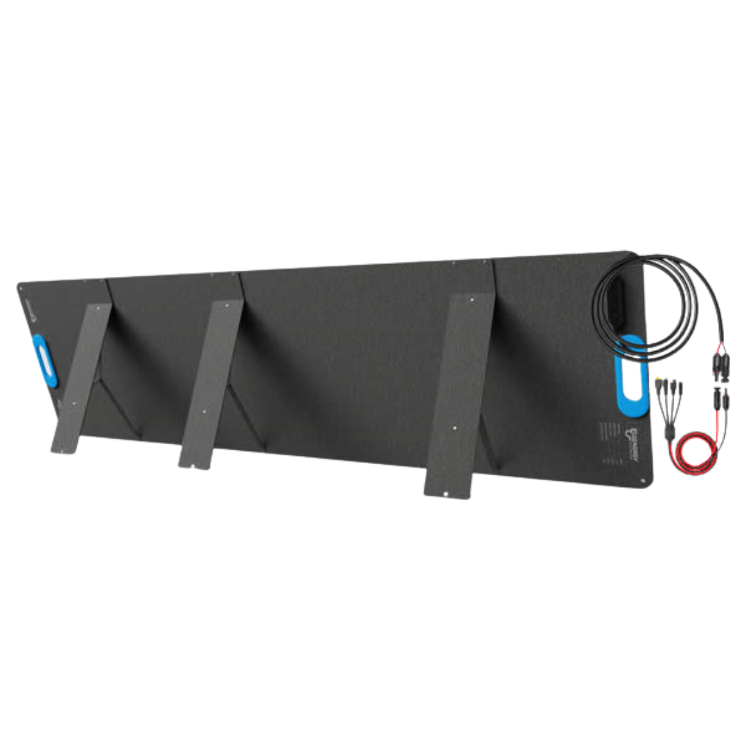 Vista trasera del Panel Solar Genergy SUN200W. Ideal para camping, caravanas, actividades al aire libre, apagones y emergencias.