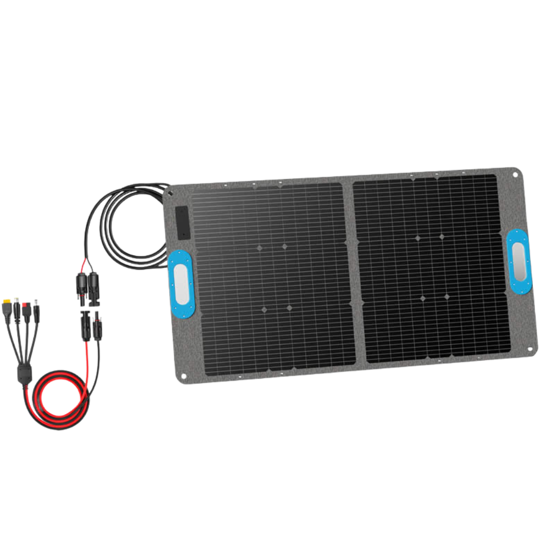 Vista frontal del panel solar GENERGY SUN100W, ideal para camping, caravanas, actividades al aire libre, apagones y emergencias.