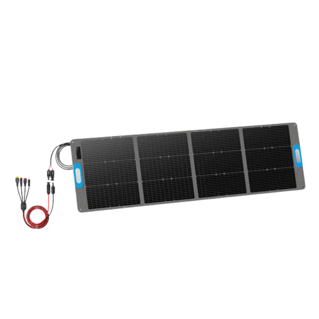 Vista frontal del Panel Solar Genergy SUN200W. Ideal para camping, caravanas, actividades al aire libre, apagones y emergencias.
