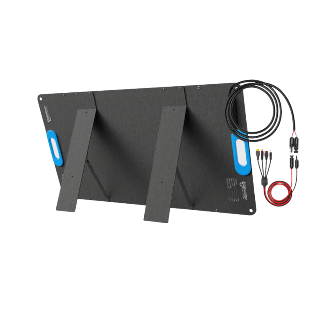 Vista trasera del panel solar GENERGY SUN100W, ideal para camping, caravanas, actividades al aire libre, apagones y emergencias.